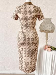Feyla Plus Size Jacquard Fashion Button Short Sleeve Exquisite Knit Dress - Multicolor - View 2