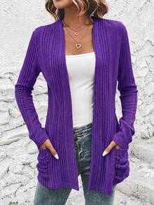 EMERY ROSE Casual Women's Ribbed Cardigan With Regular Fit & Open Front In Fall/Winter - Purple - View 3