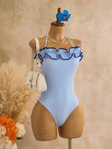 Sunnyshic Spring/Summer New Women's One-Piece Ruffle Beach Vacation Swimsuit - Blue - View 8