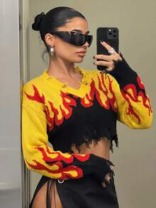 SHEIN ICON 秋冬女款 Concert Club 黃色萬聖節對比色火焰印花短版寬鬆毛衣 - 彩色 - 查看 3