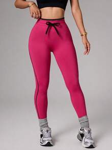 SHEIN Core Rhythm Casual Versatile Contrast Color Black Waist Rope Slimming Black Line Design Sports Leggings - Multicolor - View 3