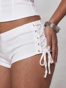 MUSERA Low Rise Zip Front Tie Side Fitted Micro Shorts Hotpants Spring Summer Festival Sexy Ibiza Vacation Holiday Y2k Cowgirl Deconstructed Cowboy - White - View 5