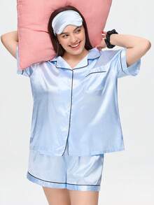 Bonmuse 加大码 2 件纯色缎面短袖翻领上衣和蝴蝶结短裤睡衣套装女士夏季家居服套装清凉浅蓝色 - 藍色 - 查看 7