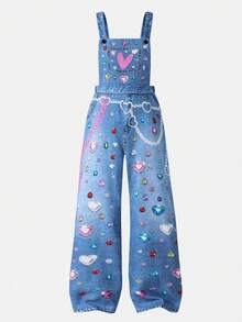 SHEIN 青少年女孩街頭風酷時尚印花愛心鑽石圖案吊帶褲，適合返校季，個性化春夏季秋季日常穿搭，女團風格 - 彩色 - 查看 4