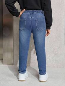 SHEIN 女童蓝色牛仔保暖内衬弹力修身裤，秋冬季休闲时尚度假装，加厚抓绒保暖长裤，抓绒打底裤 - 深色水洗藍 - 查看 6