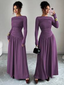 Elenzga Vestido largo de mujer de seda de leche de punto elástico con doble cepillado, cuello cuadrado, fruncido delantero, cintura favorecedora, línea A, bajo suelto, manga larga, estilo Maillard, ajustado, con capas, elegante, romántico francés, estilo femenino, estilo de oficina, estilo de calle, moda de invierno australiana, estilo minimalista versátil, estilo profesional de mujer de dinero antiguo, Acción de Gracias, vuelta a la escuela, fiesta de té de la tarde, primavera, otoño, invierno - Morado - Ver 1