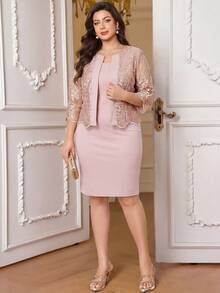 Reflora Plus Size Women's Jacquard 3/4 Sleeve Jacket And Dress Elegant 2 Pieces Set - Dusty Pink - View 7
