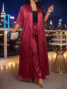 SHEIN Lady Plus Size Women Drawstring Waist Wide Leg Pants Short Sleeve Long Robe Casual Elegant Daily 2 Pieces Set Dinner Formal Wedding Guest Burgundy Summer - Burgundy - View 5