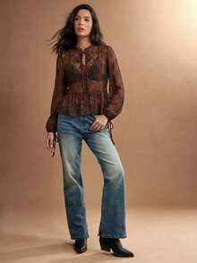 WESTFADE Blusa de malla transparente con lunares, cuello alto, lazo delantero, volantes, peplum y manga larga, linda para otoño - Marrón - Ver 5