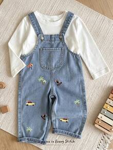 Cozy Pixies Overol de mezclilla con estampado de palmeras para bebé niño, cómodo y versátil - Azul - Ver 11