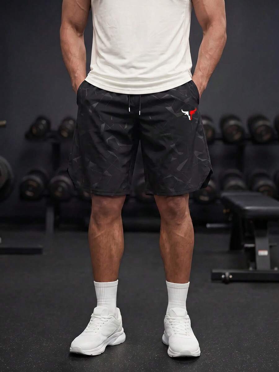 GymBeat 男士彈性腰抽繩口袋開衩牛頭圖案運動短褲 跑步短褲 運動短褲 健身房夏季運動短褲 - 彩色 - 查看 1
