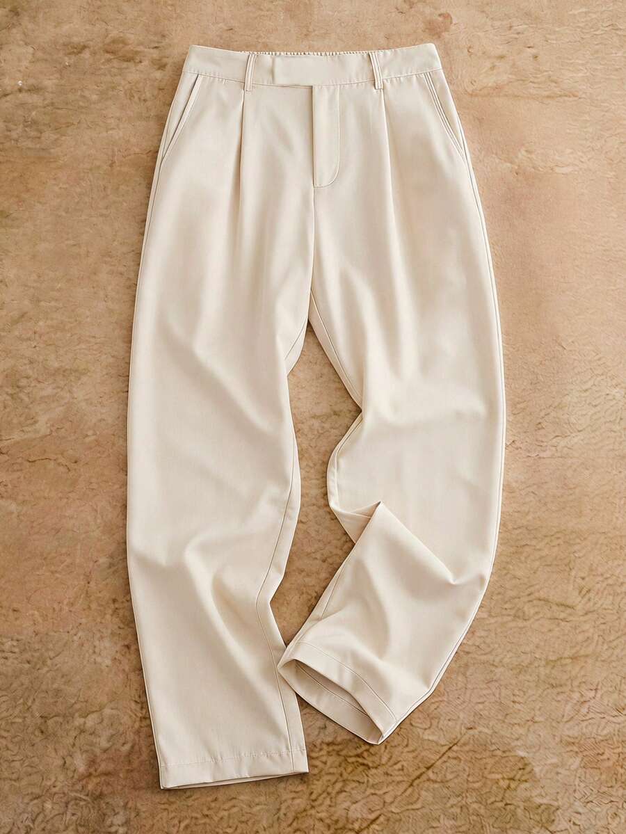 HIMLAND Men's Solid Color Pleated Tapered Casual Long Pants With Pockets - Apricot - View 1