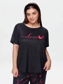Bonmuse Cute Ins Contrast Color Valentine's Day Love Print Loose Comfortable Black Plus Size Pajama Set Curvy Pajama Sets Plus Size Sleepwear Set - Black - View 7