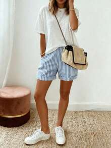 SHEIN LUNE Women's Casual Striped Shorts, Summer - Blue and White - View 4