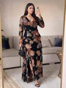Auveirra Plus Size Women's V-Neck Floral Print Casual Party Dress - Multicolor - View 1