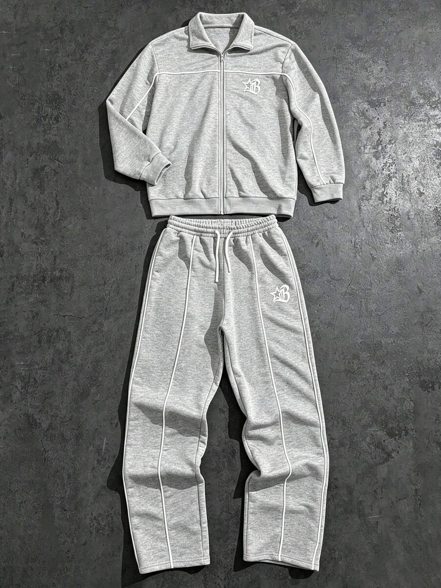 SHEIN Coolqubz 2件組男士青少年休閒街頭風白色解構設計立領拉鍊夾克與寬鬆直筒運動長褲套裝,適合休閒酷帥街頭風帥氣造型 - 淺灰色 - 查看 1