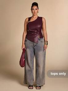 SHEIN BAE CURVE 大尺碼女款金屬扣飾百褶不對稱下擺上衣 冬季 - 酒紅色 - 查看 3