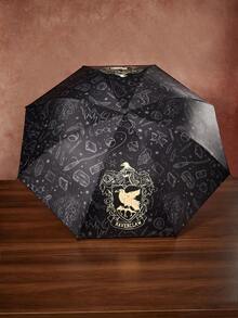 HARRY POTTER X SHEIN 復古校徽黑色膠面可折疊傘，雙用遮陽防雨傘，適合學生通勤，魔幻深色圖案便攜 8 根傘骨三折傘，旅行防 UV 陽傘，男女情侶日常戶外使用 - 黑黃灰色 - 查看 2