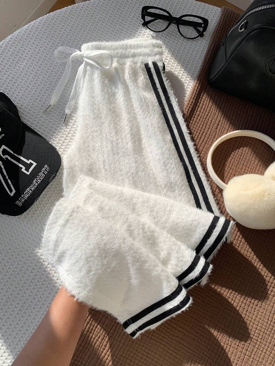 Comfortcana Women's Waist Tie Side Stripe Wide Leg Sweatpants - White - View 1