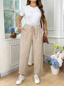 EMERY ROSE Plus Size Women Casual Solid Color Harem Pants Fall - Apricot - View 5