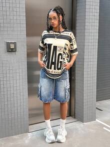 SHEIN Y2K 少女春夏假期时尚低腰阔腿宽松牛仔长短裤，带搭扣细节和翻折口袋，适合夏季海滩、波西米亚风音乐会、锐舞派对等场合 - 中等水洗藍 - 查看 3