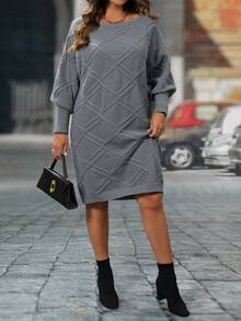 SHEIN LUNE Plus Size Solid Color Long Sleeve Simple Short Casual Sweater Dress, Winter Fall Cloth For Women Autumn - Grey - View 6
