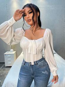SHEIN SXY Spring And Summer Sweetheart Neckline Knot-Front White Long-Sleeved Chiffon Shirt,Long Sleeve Tops - White - View 6