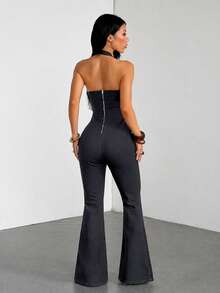 SHEIN Tall 女款純色休閒日常穿著牛仔喇叭褲連身褲 - 黑色 - 查看 3