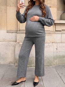 SHEIN Maternity Solid Color Round Neck Top And Long Pants Casual Dressy Daily Knit Set Autumn Formal Home Wear Grey - Grey - View 3