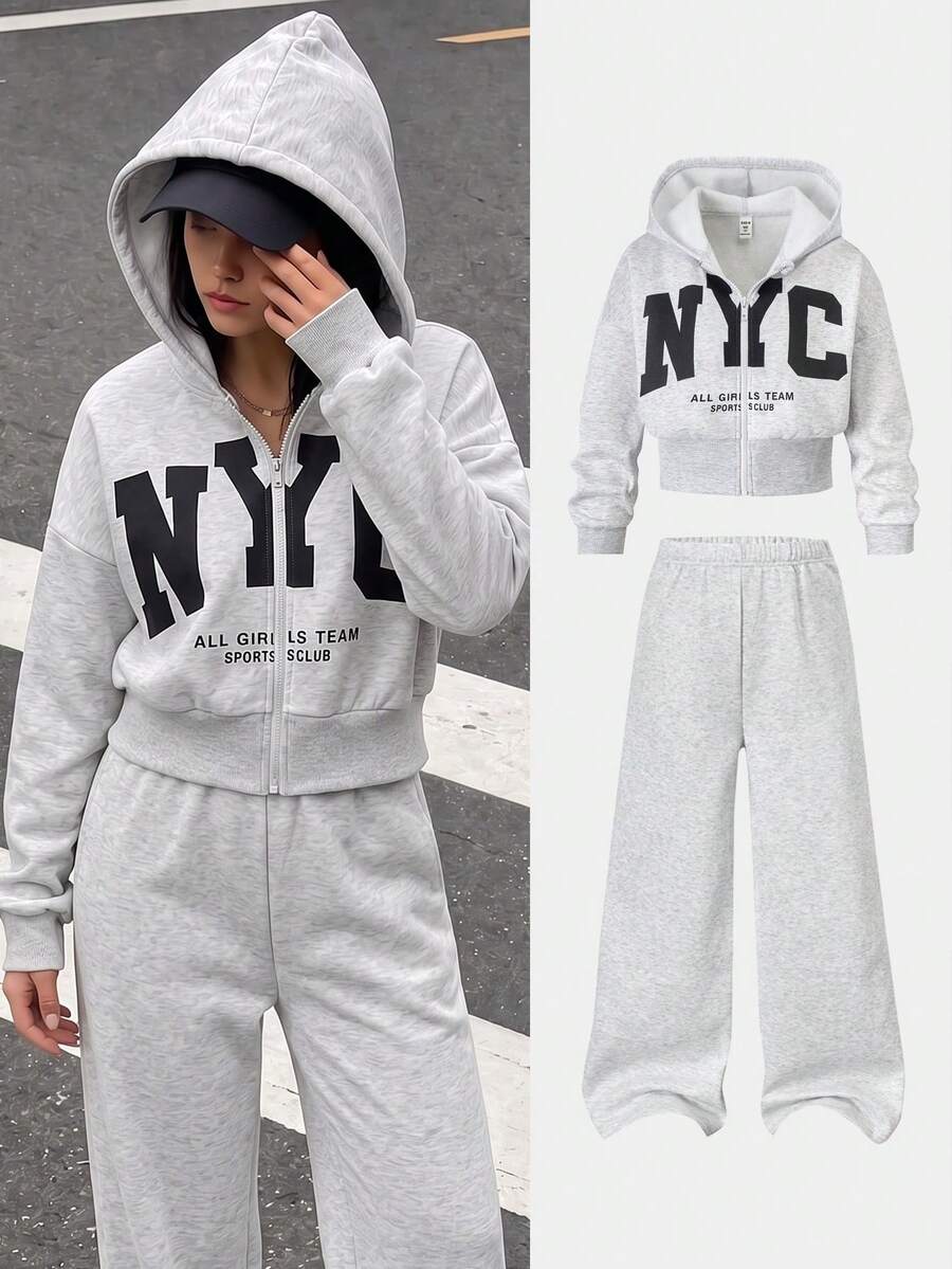 SHEIN 青少年女孩 2 件套連帽衫,拉鍊連帽衫,休閒,寬鬆,針織,返校季,復古,秋季服飾,秋季字母灰色女孩套裝,韓系 - 灰色 - 查看 1