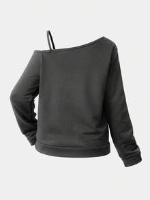 Girlism 青少年女孩秋季休閒不對稱領帶長袖衛衣 T-shirt，適合夏季、休閒、運動、校園穿搭 - 灰色 - 查看 2