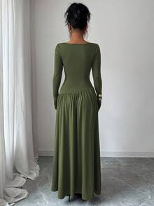 Elenzga Women's Milk Silk Double Brushed Knit Elastic Square Neck Ruched Front Waist-Down Asymmetrical Hem A-Line Loose Hem Long Sleeve Long Dress, Maillard Style, Fitted, Can Be Layered, Exquisite Elegant French Romantic Girl Office Commute Street Style Street Photography Australian Minimalist Versatile Old Money Style Women's Style Thanksgiving Back To School Afternoon Tea Party Spring Autumn Winter - Army Green - View 2