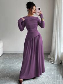 Elenzga Vestido largo de mujer de seda de leche de punto elástico con doble cepillado, cuello cuadrado, fruncido delantero, cintura favorecedora, línea A, bajo suelto, manga larga, estilo Maillard, ajustado, con capas, elegante, romántico francés, estilo femenino, estilo de oficina, estilo de calle, moda de invierno australiana, estilo minimalista versátil, estilo profesional de mujer de dinero antiguo, Acción de Gracias, vuelta a la escuela, fiesta de té de la tarde, primavera, otoño, invierno - Morado - Ver 3