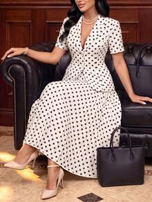 Auvina Women's Plus Size 2-Piece Set Polka Dot Print Notch Lapel Knit Elastic Waist Short Sleeve Blazer Pleated Skirt Elegant Slimming Commute Bestie Party Afternoon Tea Cocktail Black & White Polka Dot Blazer Set - Black and White - View 4
