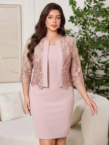 Reflora Plus Size Women's Jacquard 3/4 Sleeve Jacket And Dress Elegant 2 Pieces Set - Dusty Pink - View 8