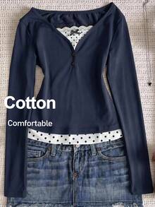 SHEIN Tween Girl Tween Girl Tween Girls Knit Royal Blue Patchwork Polka Dot Casual Long Sleeve T-Shirt - Navy Blue - View 1