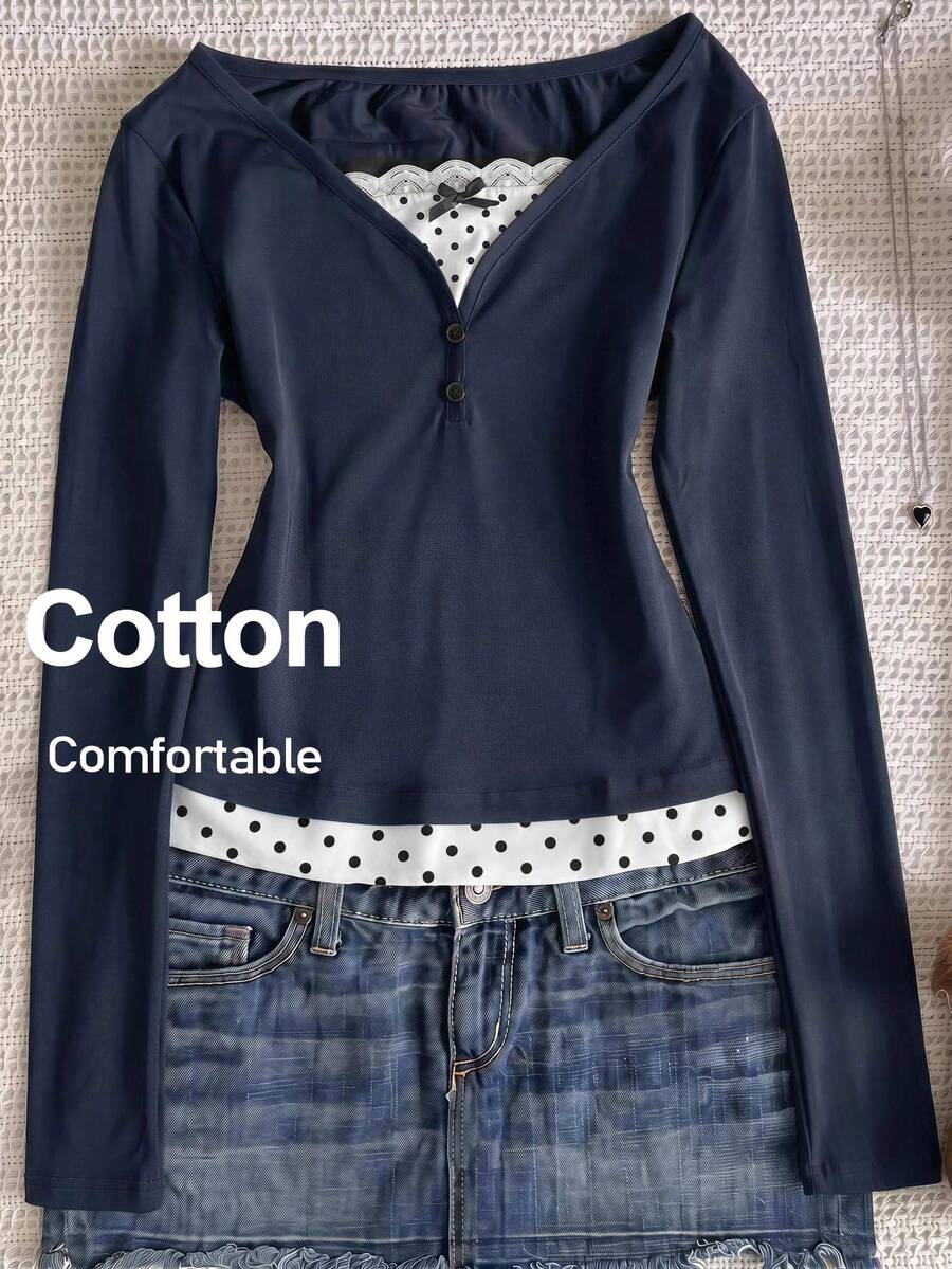 SHEIN Tween Girl Tween Girl Tween Girls Knit Royal Blue Patchwork Polka Dot Casual Long Sleeve T-Shirt - Navy Blue - View 1