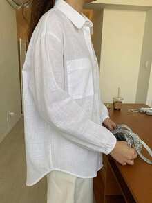 DAZY 休閒極簡基礎百搭純色長袖襯衫，適合早午餐與辦公室，白色，秋季 - 白色 - 查看 5