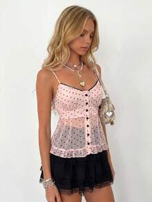 Sundraya Conjunto Feminino 2 Peças Regata Aberta com Poá Rosa & Saia Preta - Multicolorido - Visão 5