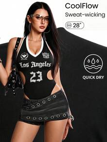 Rina Fox Bodysuit Wanita Kasual Model Halter Neck dengan Motif Huruf dan Potongan di Pinggang - Hitam - View 3
