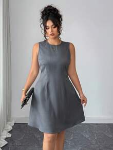 Elenzga Vestido casual sin mangas de unicolor, talla grande, para verano - Gris - Ver 3
