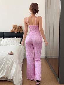 SweetSlumber Women's Sweet Ins Style Contrast Color Bow Heart Print Patchwork Criss-Cross Lace Bow Camisole & Flare Pants Comfortable Slimming Pajama Set - Pink - View 4