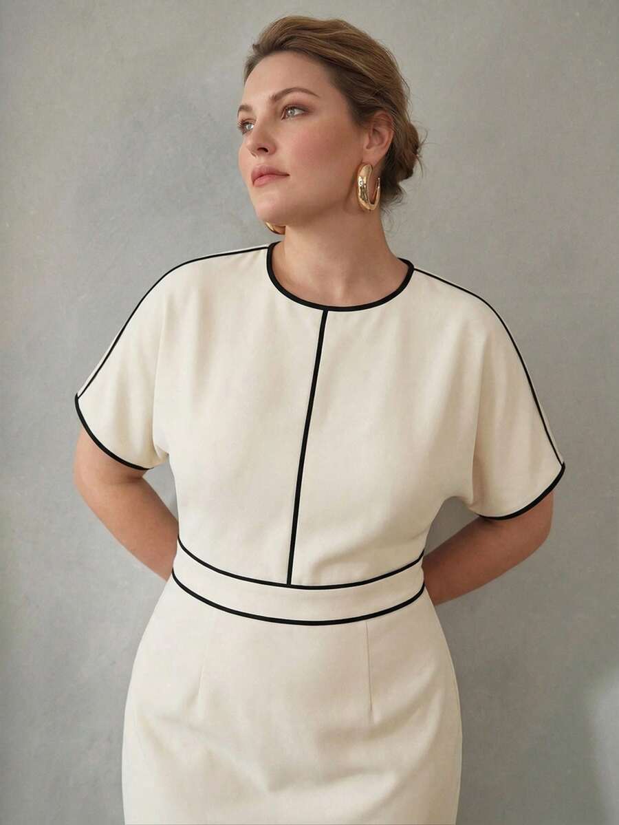 MOTF PREMIUM ELEGANT CONTRAST TRIM DOLMAN SLEEVE MIDI DRESS, MINIMALIST CHIC PLUS SIZE WOMEN'S DRESS - Apricot - View 2