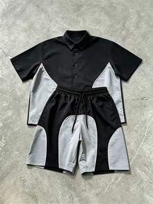 Manfinity Roghcode Men's Colorblock Short Sleeve Single-Breasted Shirt And Drawstring Waist Shorts Casual Set - Black - View 3