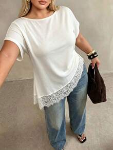 Cévolie Plus Size Women's Lace Patchwork Casual Elegant Versatile Everyday Top Formal Date Night White Summer - White - View 3