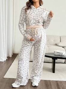 SHEIN Setelan Hamil 2 Potong Hoodie dan Celana Jogging Motif Leopard Musim Gugur - MultiWarna - View 6