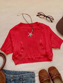 SHEIN EZwear 紅色短袖針織開襟衫 - 紅色 - 查看 3
