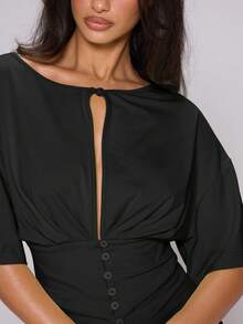 MUSERA Lime Green Button Through Wide Sleeve Open Front Top - Black - View 2