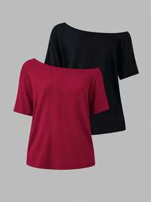 SHEIN Teen Girl Solid Color Asymmetrical Shoulder Short Sleeve Casual Versatile T-Shirt, Holiday, Comfortable - Multicolor - View 2