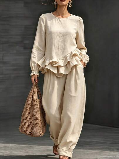 Wandoria Vacation Casual Solid Color Ruffle Trim Shirt & Long Pants Set